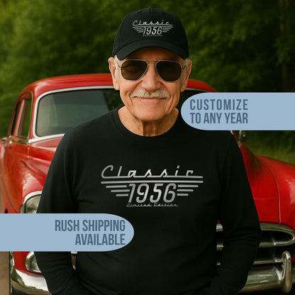 Older man in a Classic 1956 black hat and long sleeve t shirt celebrating his 70th birthday.  Available in any year, rush shipping also available.