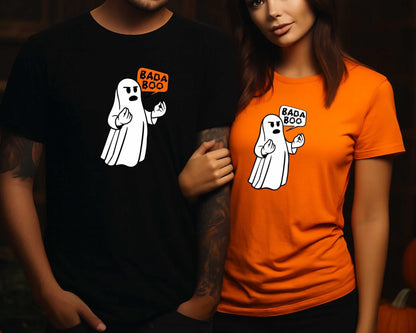Couple wearing matching Bada Boo Italian ghost shirts in black and orange for Halloween.