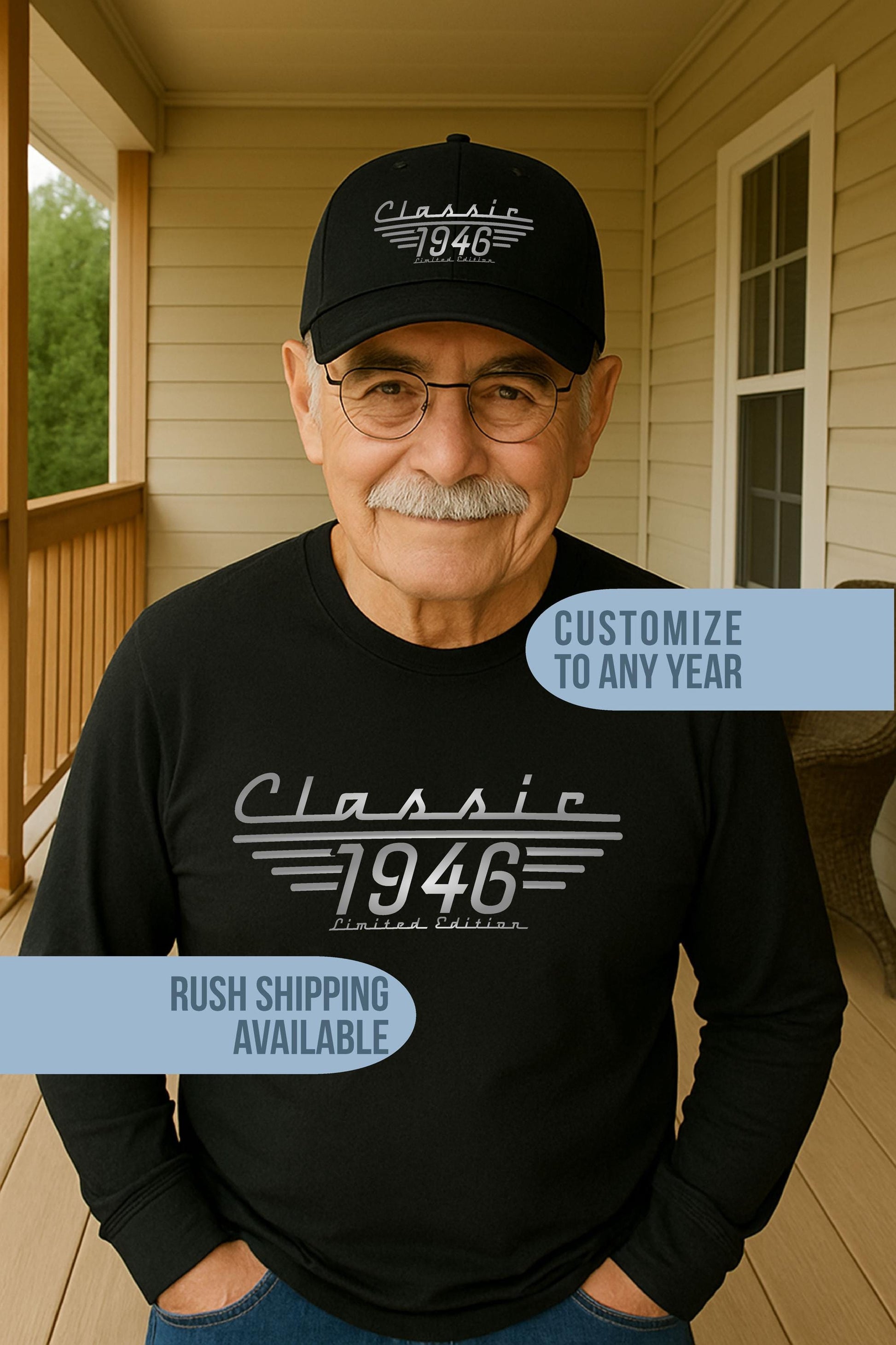 Older man in a Classic 1946 black hat and long sleeve t shirt celebrating his 80th birthday.  Available in any year, rush shipping also available.