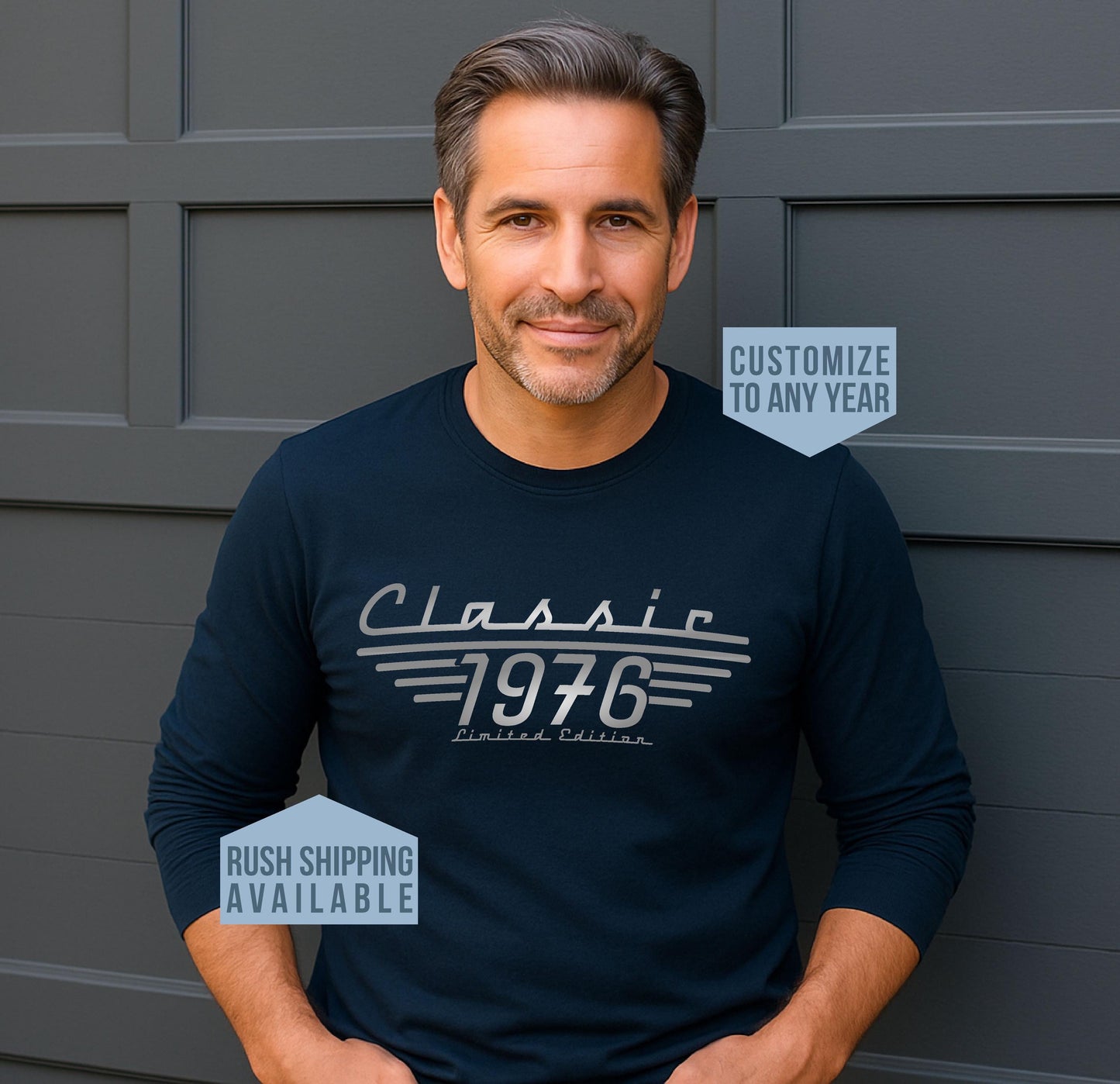 50 year old man wearing a Classic 1976 Limited Edition Navy long sleeve t shirt for his 560th Birthday, Customize year, rush shipping available.