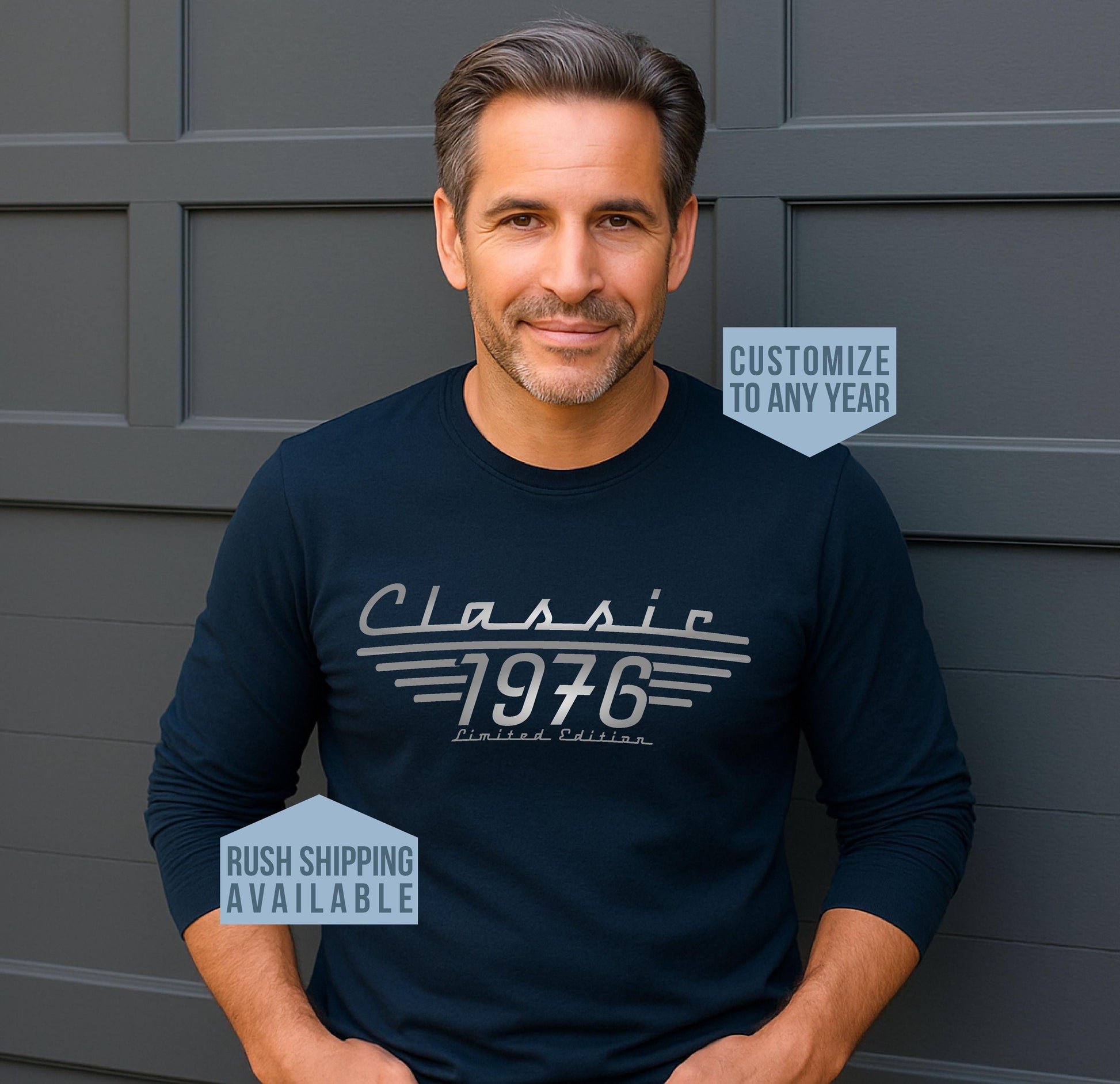 50 year old man wearing a Classic 1976 Limited Edition Navy long sleeve t shirt for his 560th Birthday, Customize year, rush shipping available.