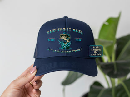 60th Birthday gift for men, Funny 1966 Birthday Fishing Hat, Keeping It Reel Since 1965, Vintage Bass Fishing, 60 Years of Fish Stories