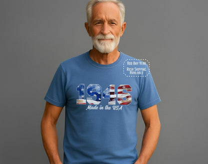 1946 Made in the USA t-shirt with American flag print, indigo blue tee, 80th birthday gift for grandpa, patriotic design