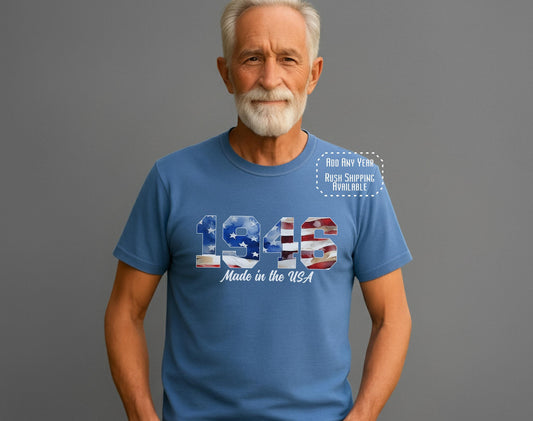 1946 Made in the USA t-shirt with American flag print, indigo blue tee, 80th birthday gift for grandpa, patriotic design