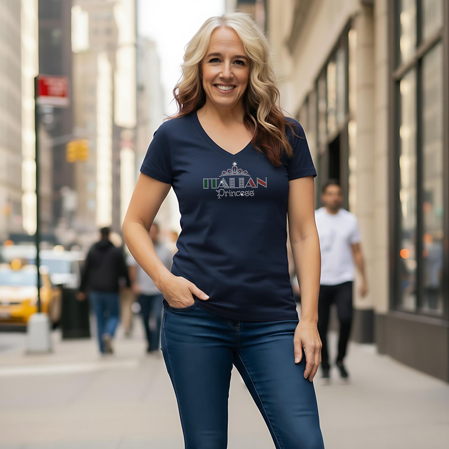 Rhinestone Italian Princess shirt Italy Flag on Ladies V Neck T Bling Sequins Sparkly Red White and Green