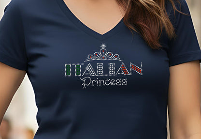 Rhinestone Italian Princess shirt Italy Flag on Ladies V Neck T Bling Sequins Sparkly Red White and Green