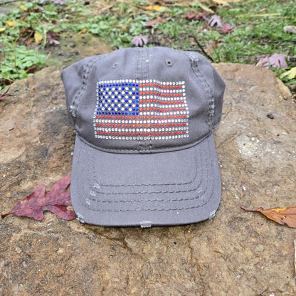 Rhinestone American Flag Distressed Ball Cap Bling USA Flag, America's 250th Patriotic, Trucker Hat, Gift for July 4th