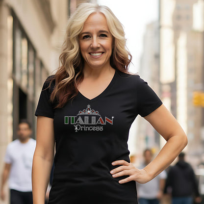 Rhinestone Italian Princess shirt Italy Flag on Ladies V Neck T Bling Sequins Sparkly Red White and Green