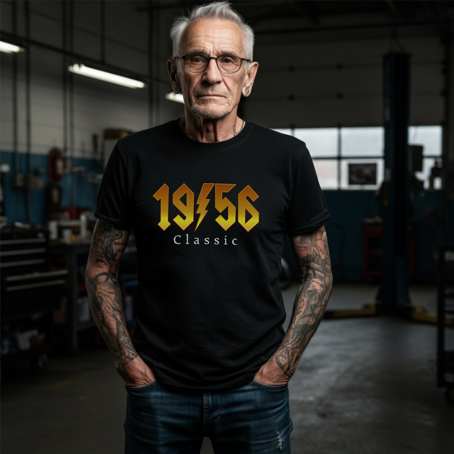 Black t-shirt with gold 1956 classic rock lightning bolt design for 70th birthday.