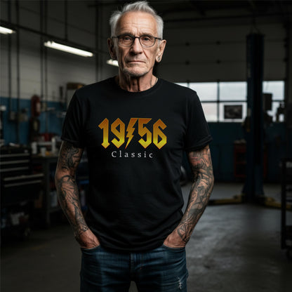 Black t-shirt with gold 1956 classic rock lightning bolt design for 70th birthday.