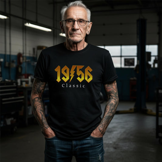Black t-shirt with gold 1956 classic rock lightning bolt design for 70th birthday.