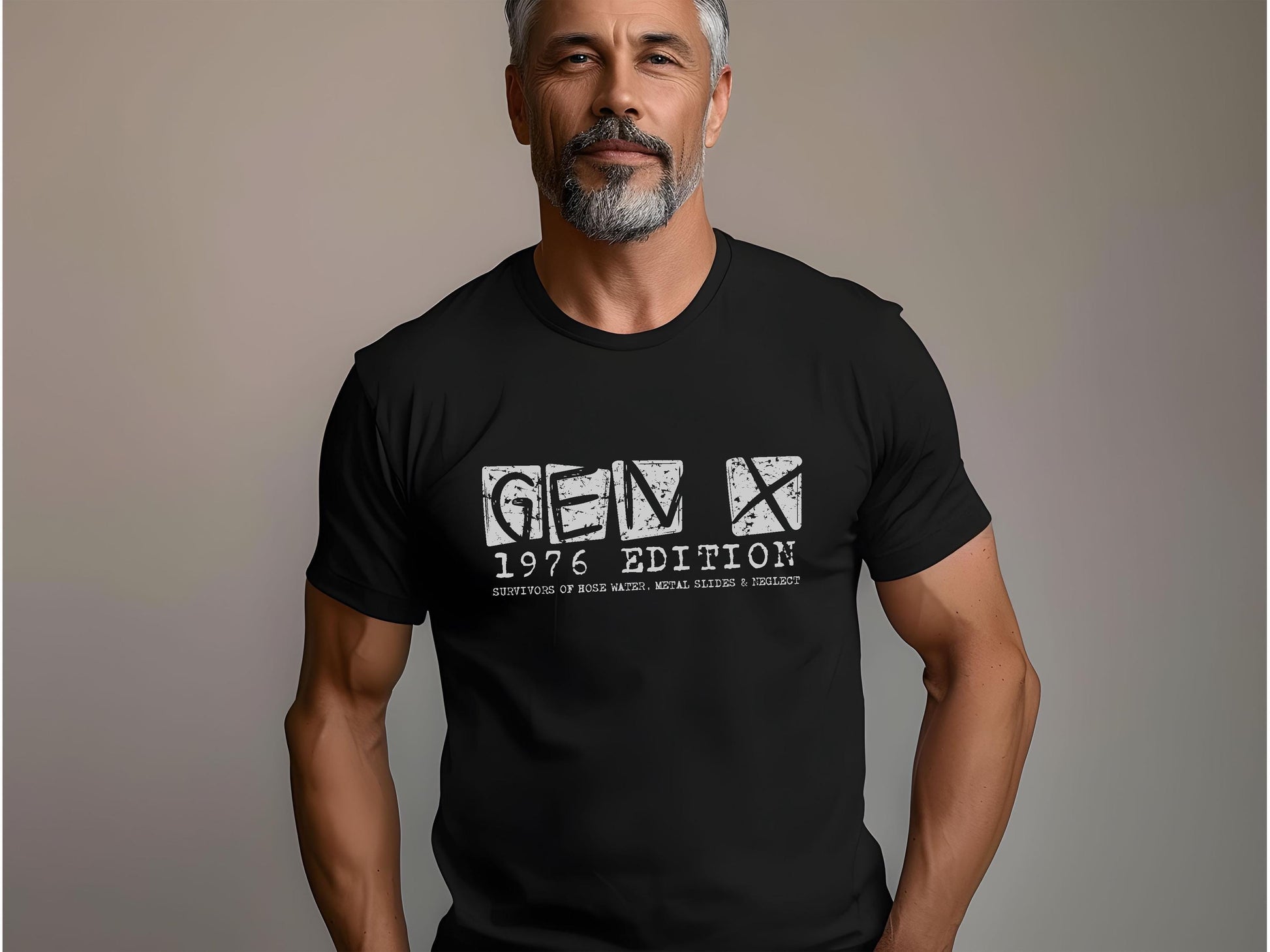 Man wearing a black t with Gen X 1976 Edition printed in white on front of tee.