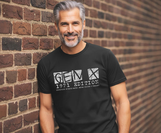 Man wearing black Gen X 1971 Edition t-shirt funny 55th birthday gift.