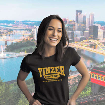 Yinzer University Shirt, Funny Pittsburgh Gift, Yinz N'at Dahntahn Tee, Steel City Slang T-Shirt, Black and Gold Graduation Gift