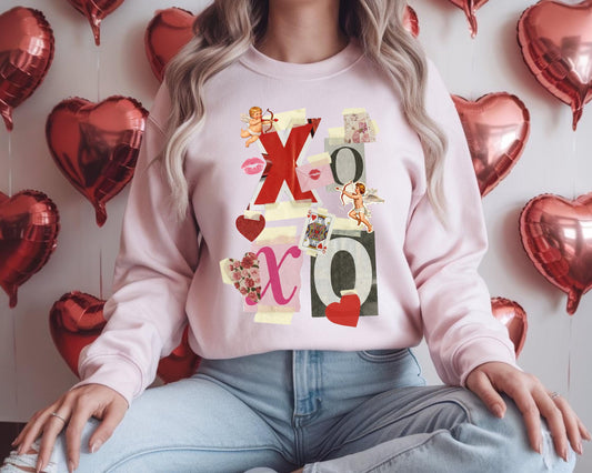Woman wearing a Y2K collage XOXO sweatshirt featuring Cupid, roses, and hearts in grey, pink, and red options.
