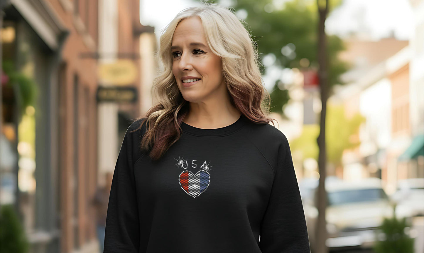 USA America 250th Sweatshirt Rhinestone Heart Flag, 1776 2026 Anniversary American Flag Ladies sweater Patriotic Bling Sparkly, 4th of July