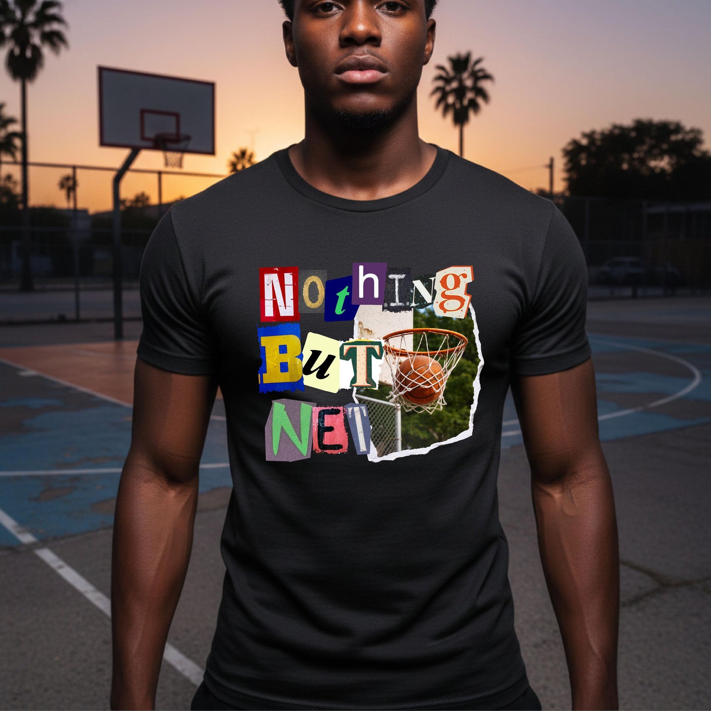 Black t-shirt with "Nothing But Net" in colorful ransom-style cutout letters surrounding a basketball going into a hoop.