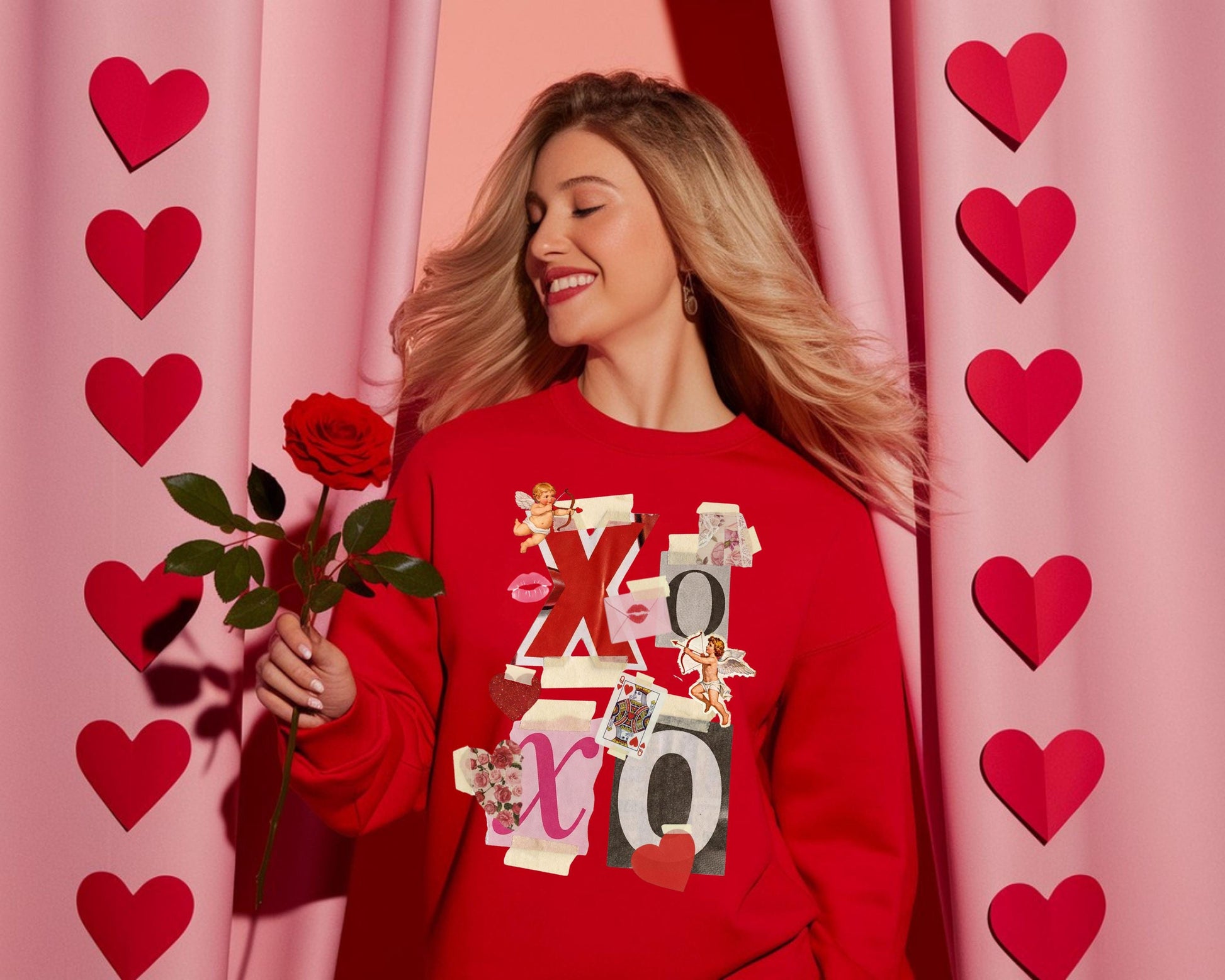 Valentines Day XOXO Y2K Collage Shirt, Ransom Letter Sweatshirt, Cupid, Hearts, Gift for Teacher