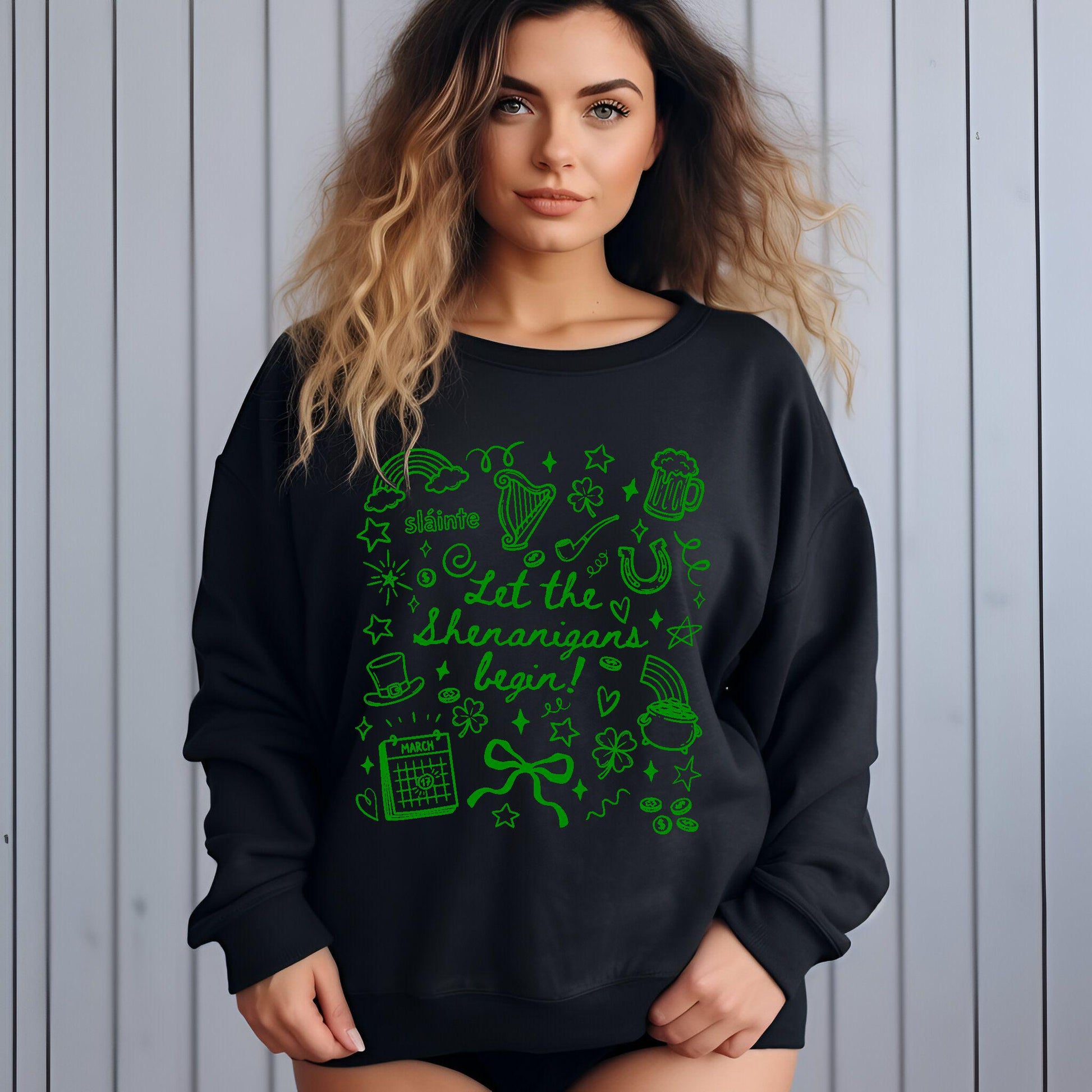 St Patrick’s Day Shirt Let the Shenanigans Begin Shamrock Doodle Tee or Sweatshirt