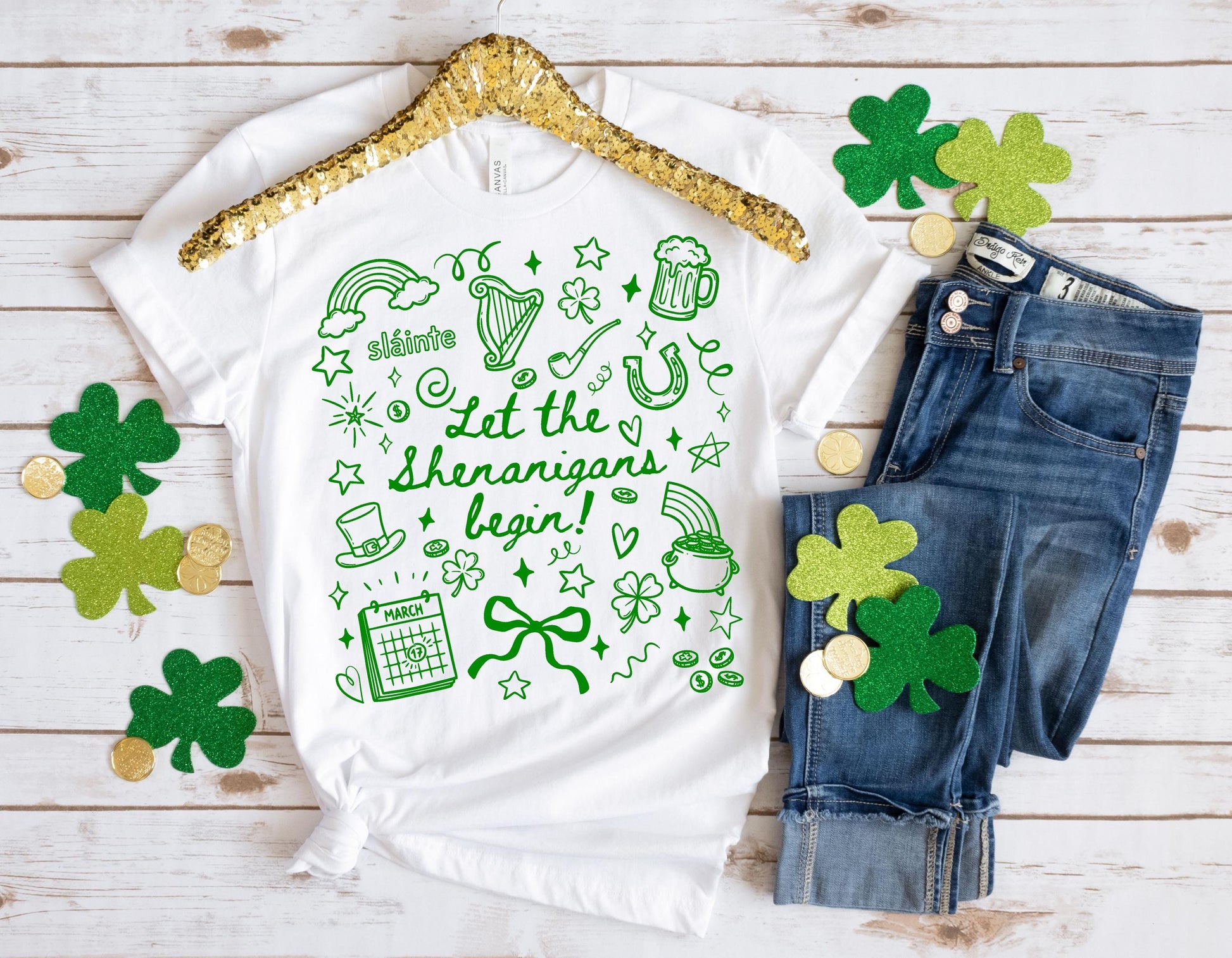 St Patrick’s Day Shirt Let the Shenanigans Begin Shamrock Doodle Tee or Sweatshirt