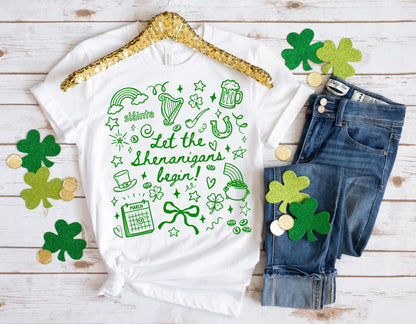 St Patrick’s Day Shirt Let the Shenanigans Begin Shamrock Doodle Tee or Sweatshirt