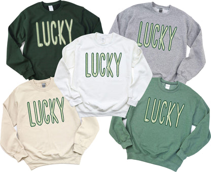 Tall LUCKY letters with shamrock pattern on available sweatshirt colors.  Great for Mom, Teachers and Nurses