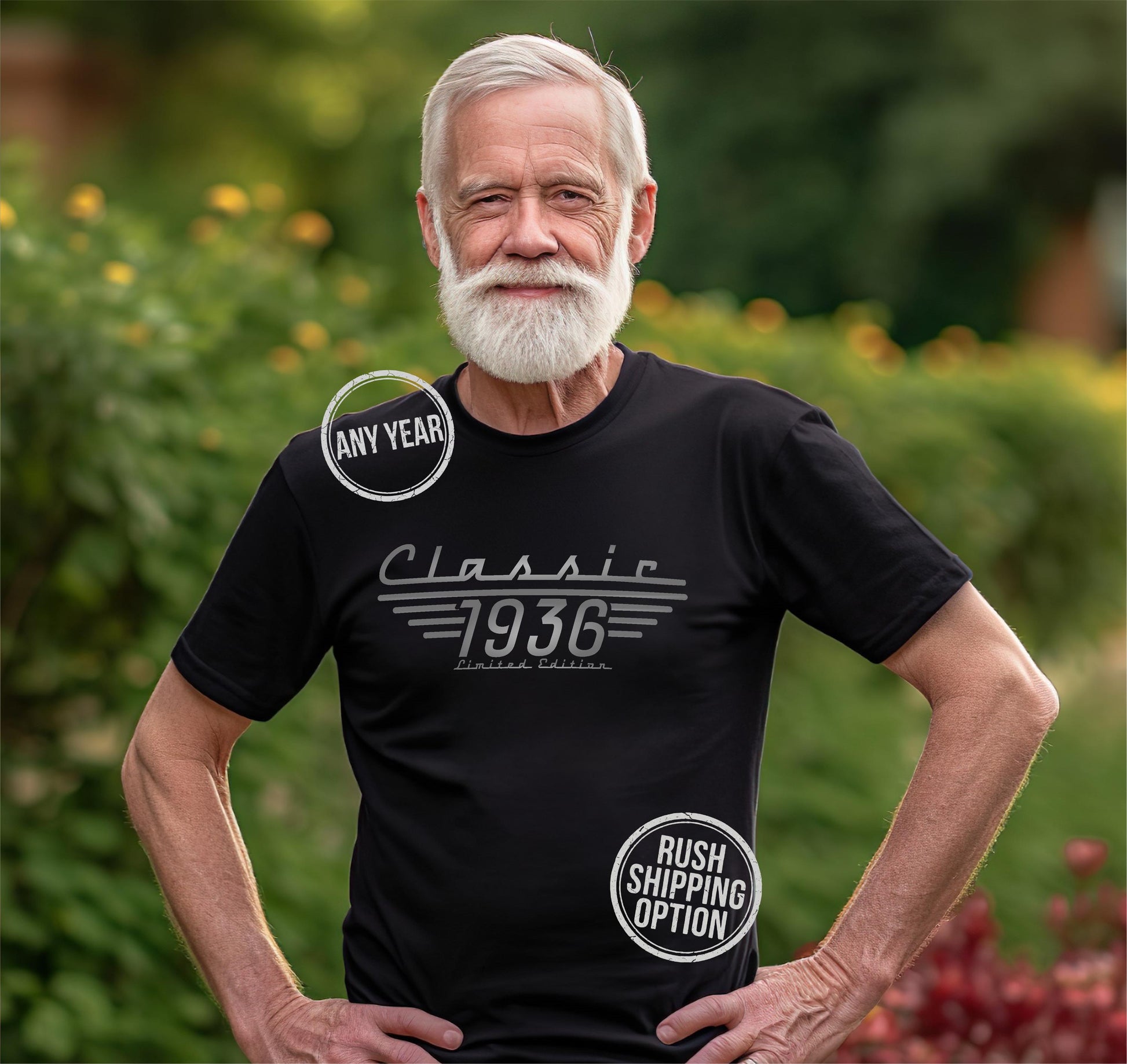 Black t-shirt and baseball cap featuring vintage style silver text that reads Classic 1936 Limited Edition for a 90th birthday gift.