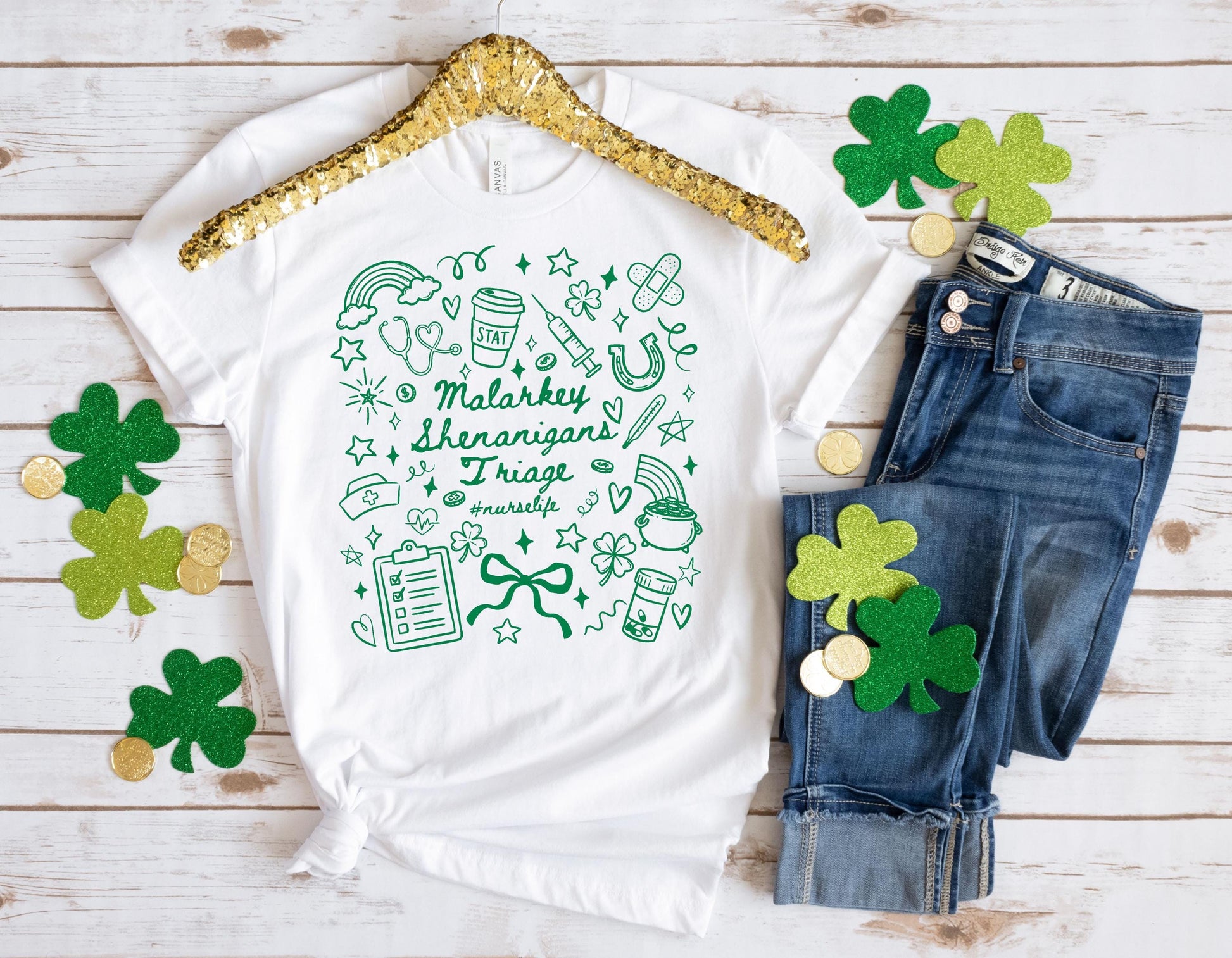 St Patricks Day Nurse Shirt, Funny Peds Physician's Assistant, Nurse Practitioner, NICU, ER Shamrock Doodle Tee or Sweatshirt