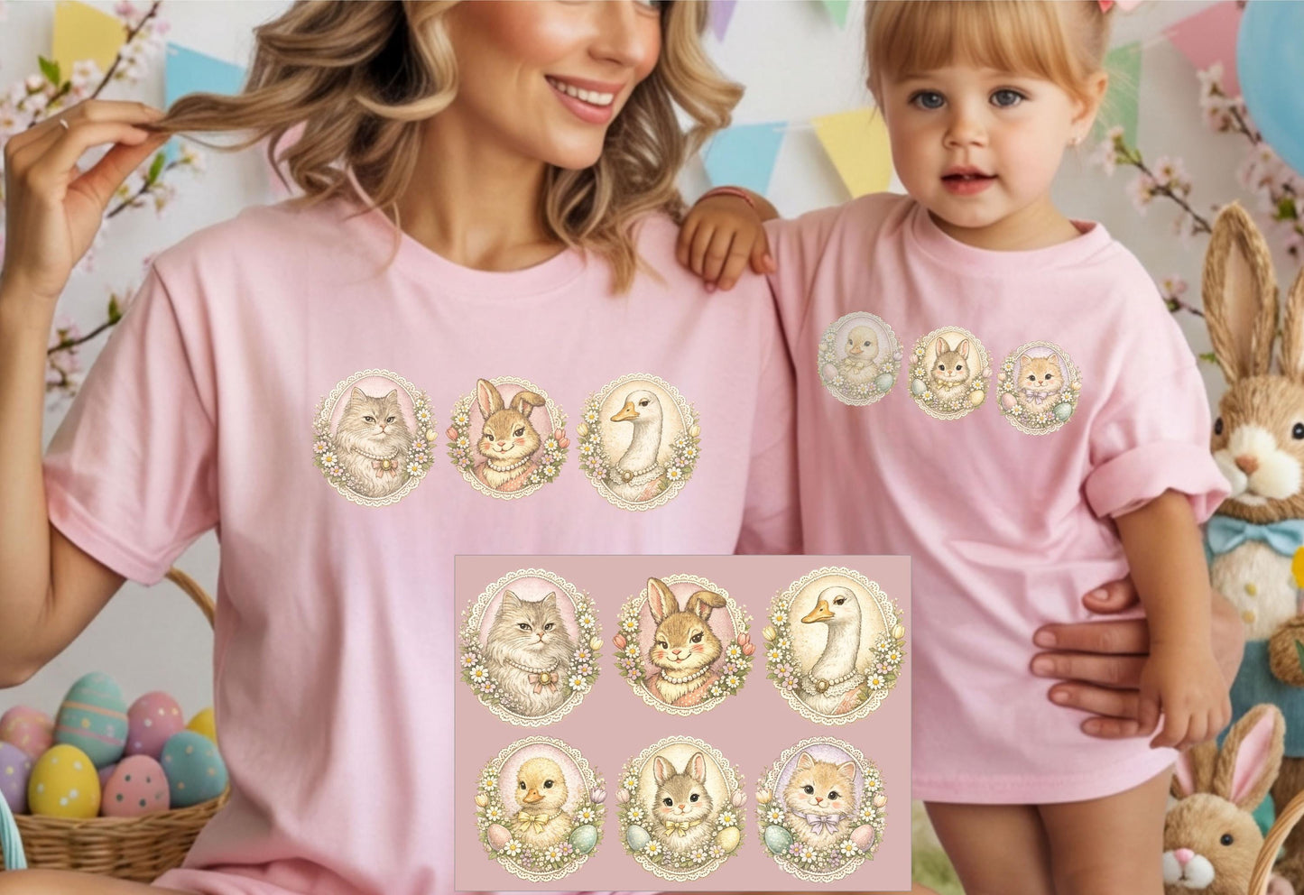 Mommy and me pink t-shirts featuring vintage style kitten bunny and goose in lace oval frames with daisies.