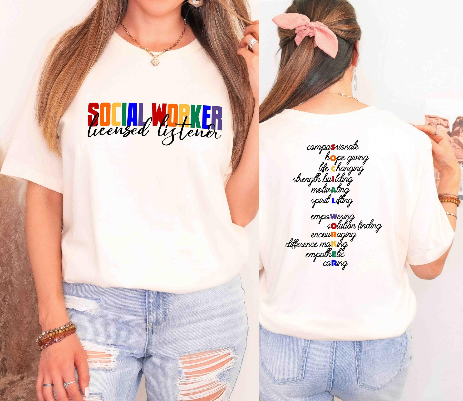 Comfort Colors social worker shirt with front and back print in ivory.