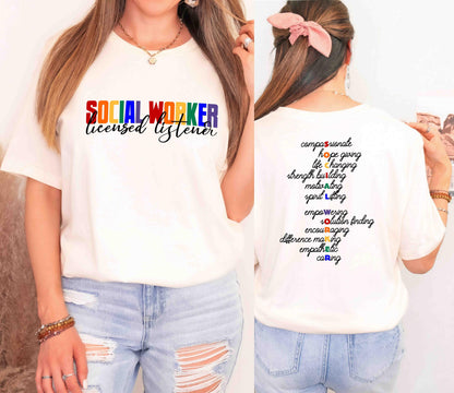 Comfort Colors social worker shirt with front and back print in ivory.