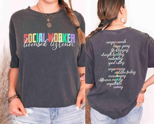 Comfort Colors social worker shirt with front and back print in pepper.