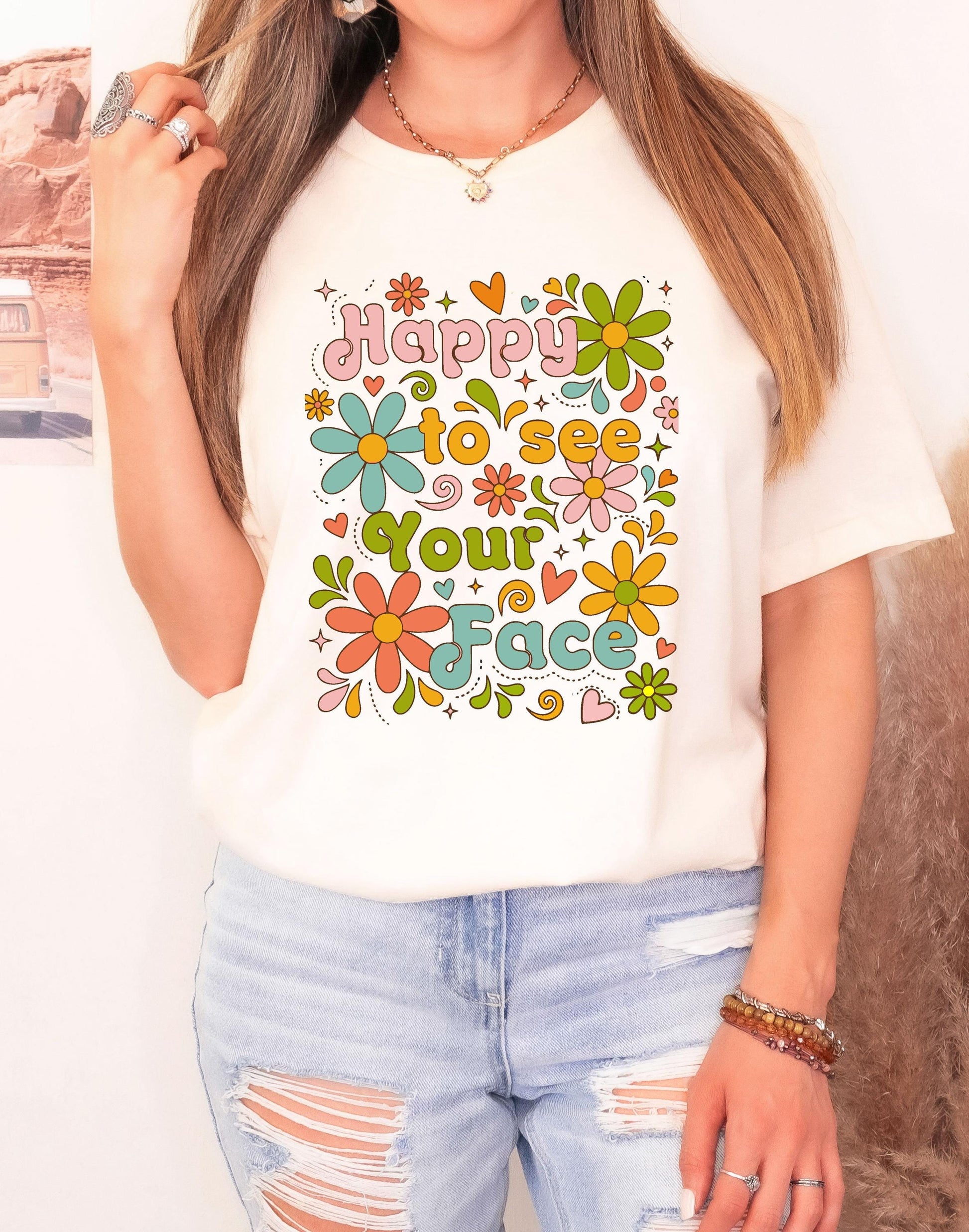 Teacher Shirt Happy To See Your Face, Retro Back to School Tee, Groovy Floral Classroom Outfit, Positive Vibes Educator Gift