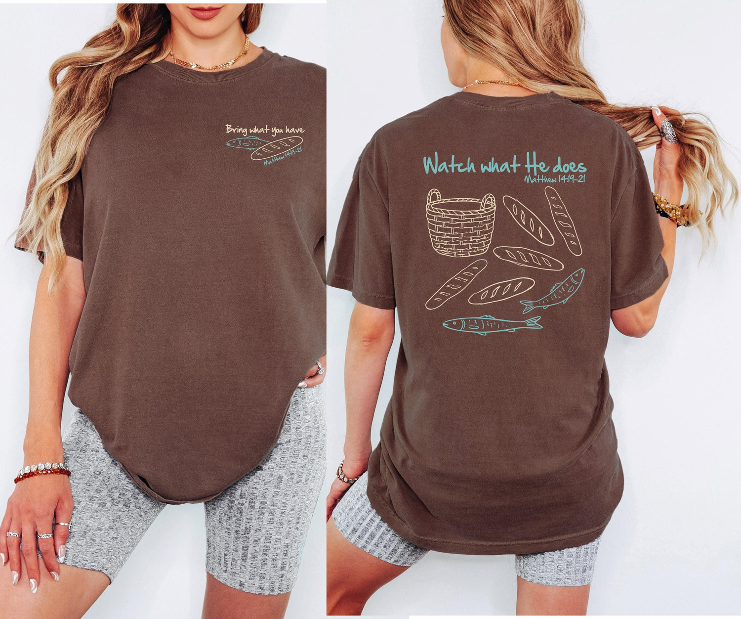Front and back view of a brown Christian t-shirt with fishes, loaves, and Matthew 14 scripture in blue and gold.