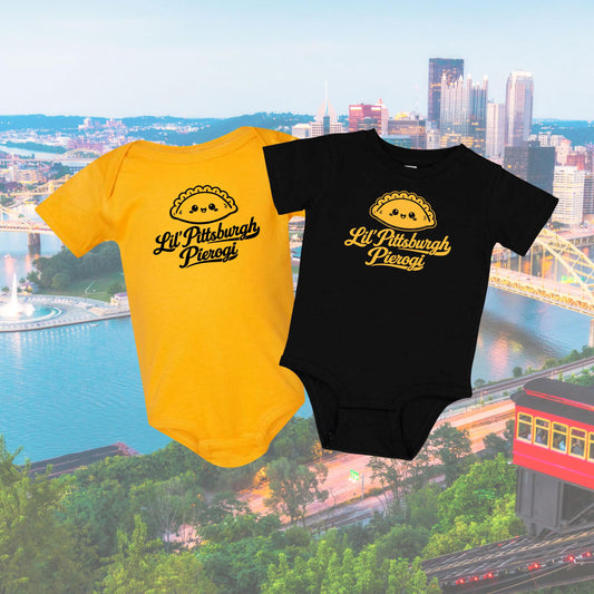 Lil Pittsburgh Pierogi Infant Bodysuit, Cute Toddler T-Shirt in Black or Gold, Pittsburgh Baby Gift, Pittsburgh Baby Shower gift