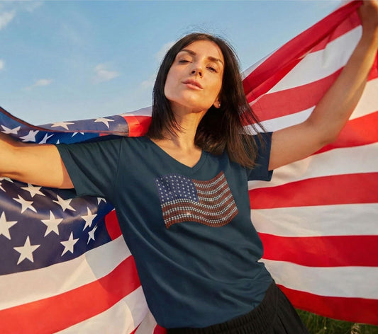 Rhinestone American Flag Shirt, Sparkling Patriotic Fourth of July Tee for Women, USA 250th Pride Red White and Blue Bedazzled Sweatshirt