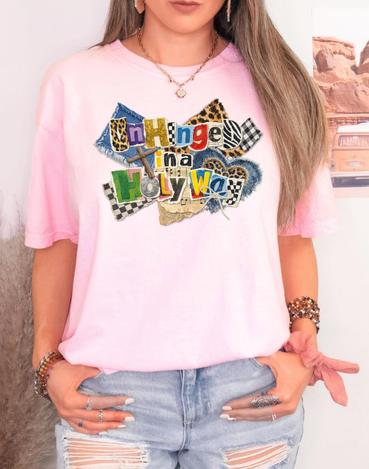 Unhinged in a Holy Way Funny Christian Mom Shirt, Comfort Colors Retro Ransom Note Collage Tee, Faith Based Gift for Homeschool Mama