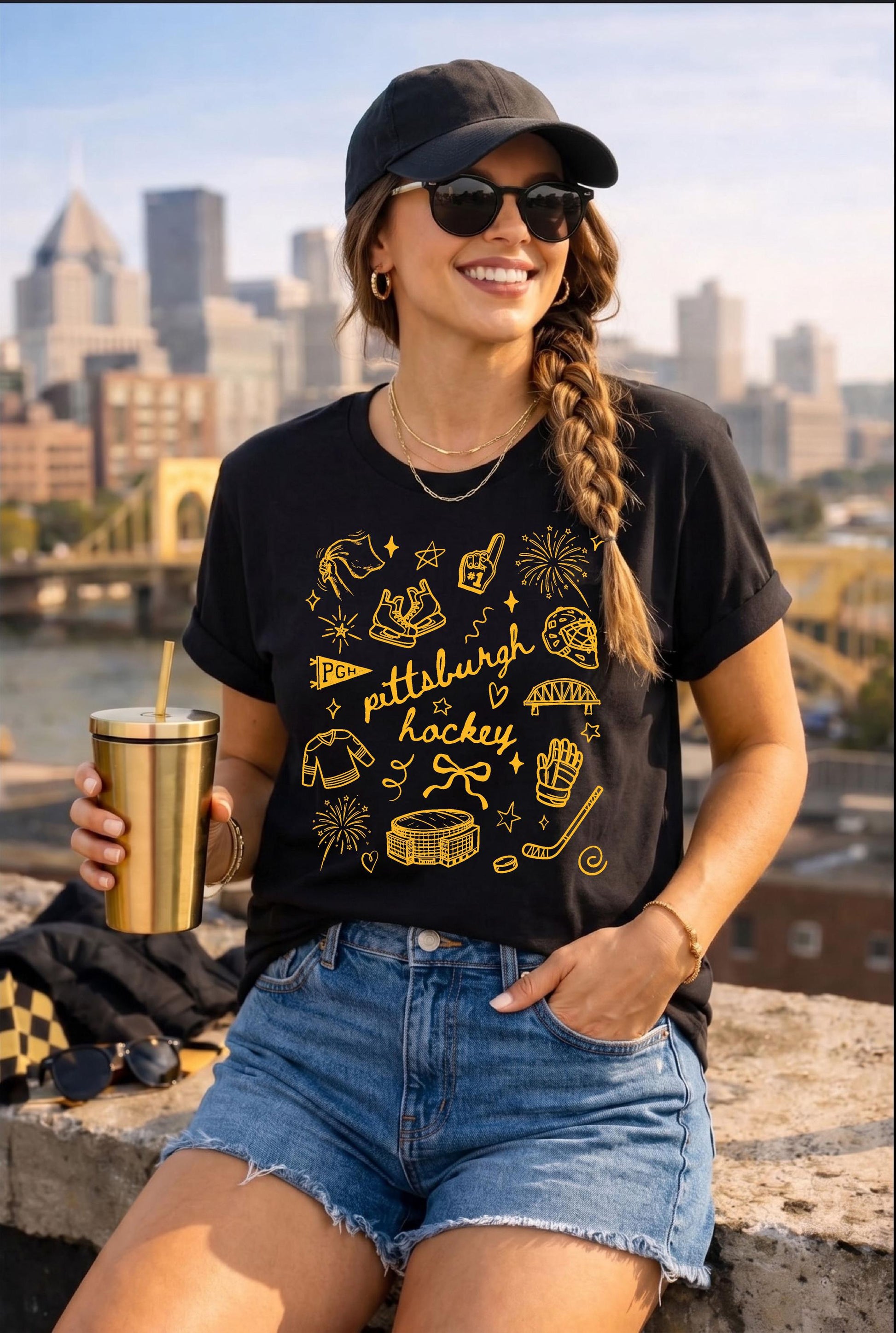 Model wearing a black Pittsburgh hockey doodle t-shirt with gold illustrations and city skyline background.