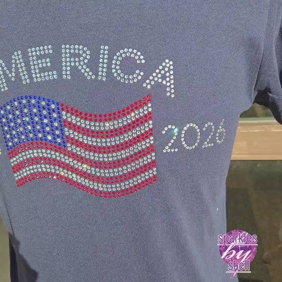 America 250th Shirt Rhinestone Flag, 1776 2026 Anniversary American Flag Ladies V neck, Patriotic Bling Sparkly, 4th of July, USA