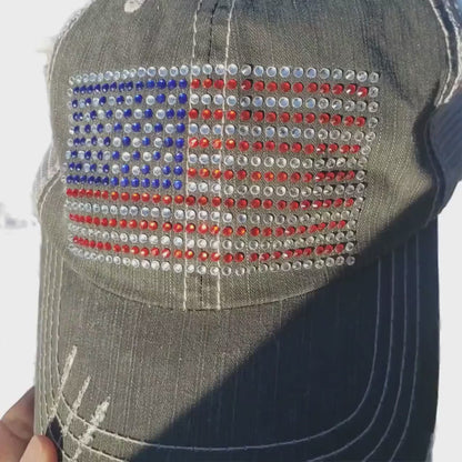 Distressed Denim Ball Cap with Bling Rhinestone American Flag, Patriotic Mesh Back Hat Rhinestone USA Flag, Trucker Hat, Gift for July 4th