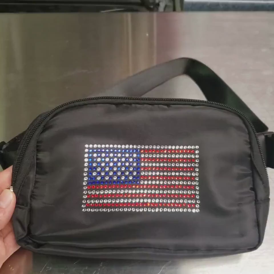 Crossbody bag American Flag Rhinestones, belt bag, vacation fanny pack, small crossbody bag, belt belly travel, 4th of July, Patriotic