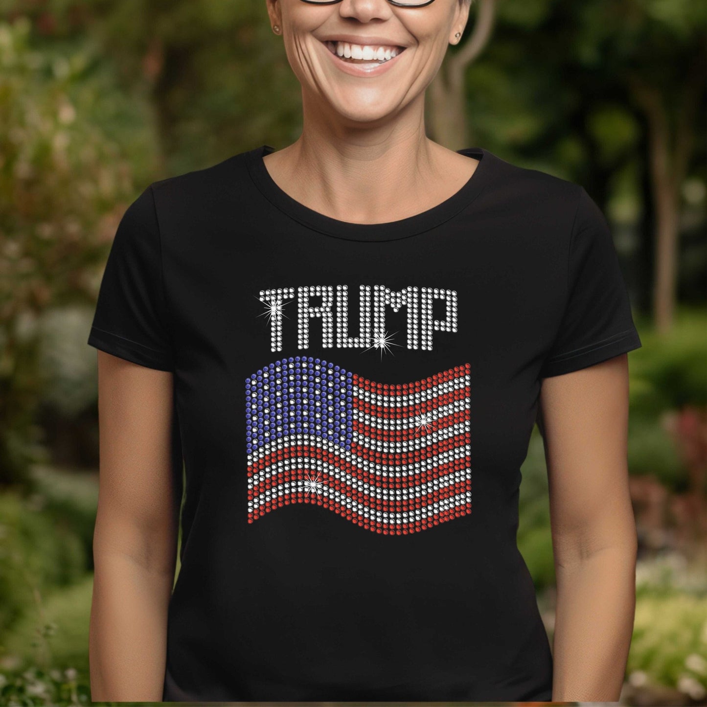 TRUMP Rhinestone US Flag on Ladies T - SBS T Shop