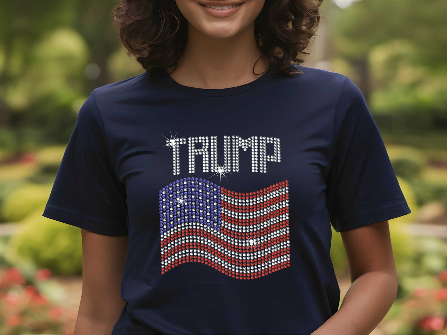 TRUMP Rhinestone US Flag on Ladies T - SBS T Shop