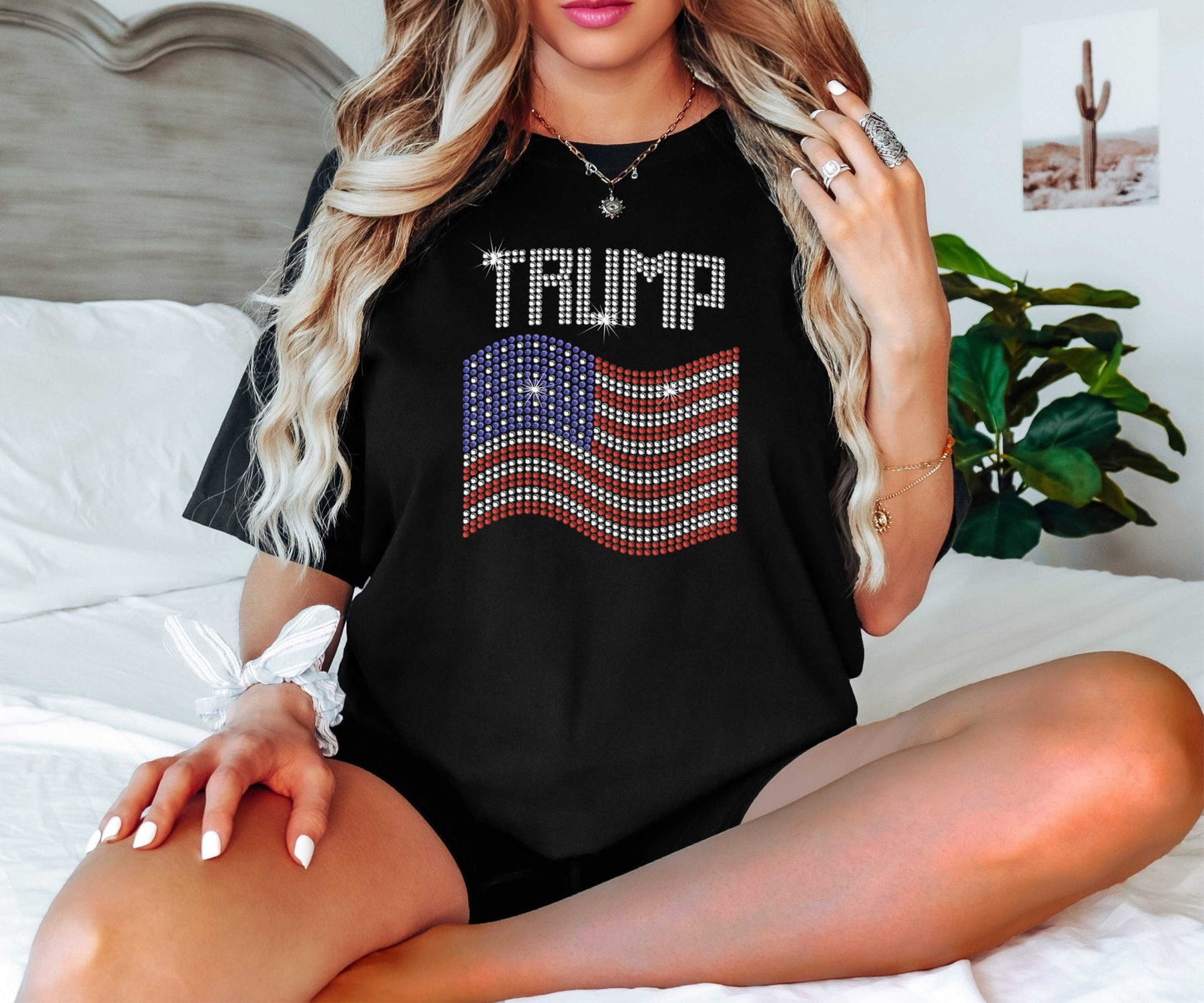 TRUMP Rhinestone US Flag on Ladies T - SBS T Shop