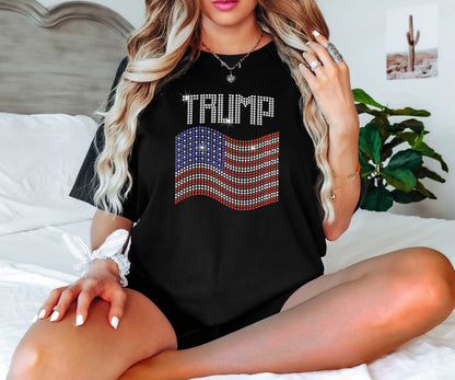 TRUMP Rhinestone US Flag on Ladies T - SBS T Shop