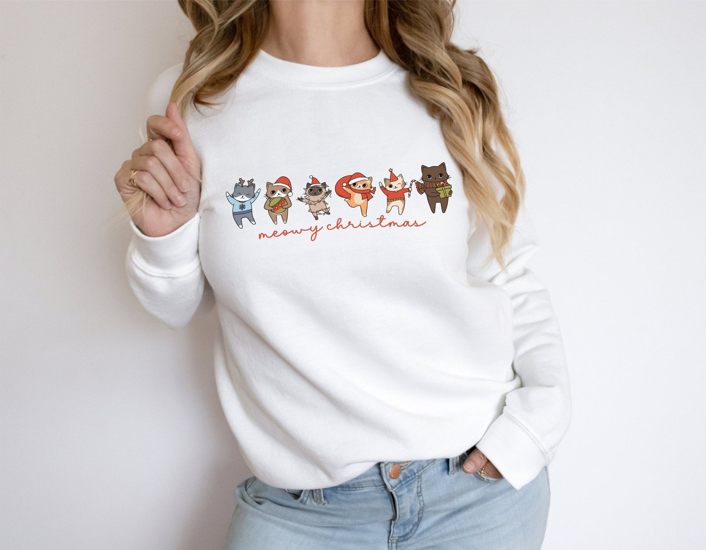 Cats Christmas Sweatshirt, Meowy Christmas Shirt, Cat Lovers Xmas Sweater, Merry Catmas crewneck, Cute Cat Womens Christmas Sweater gift - SBS T Shop