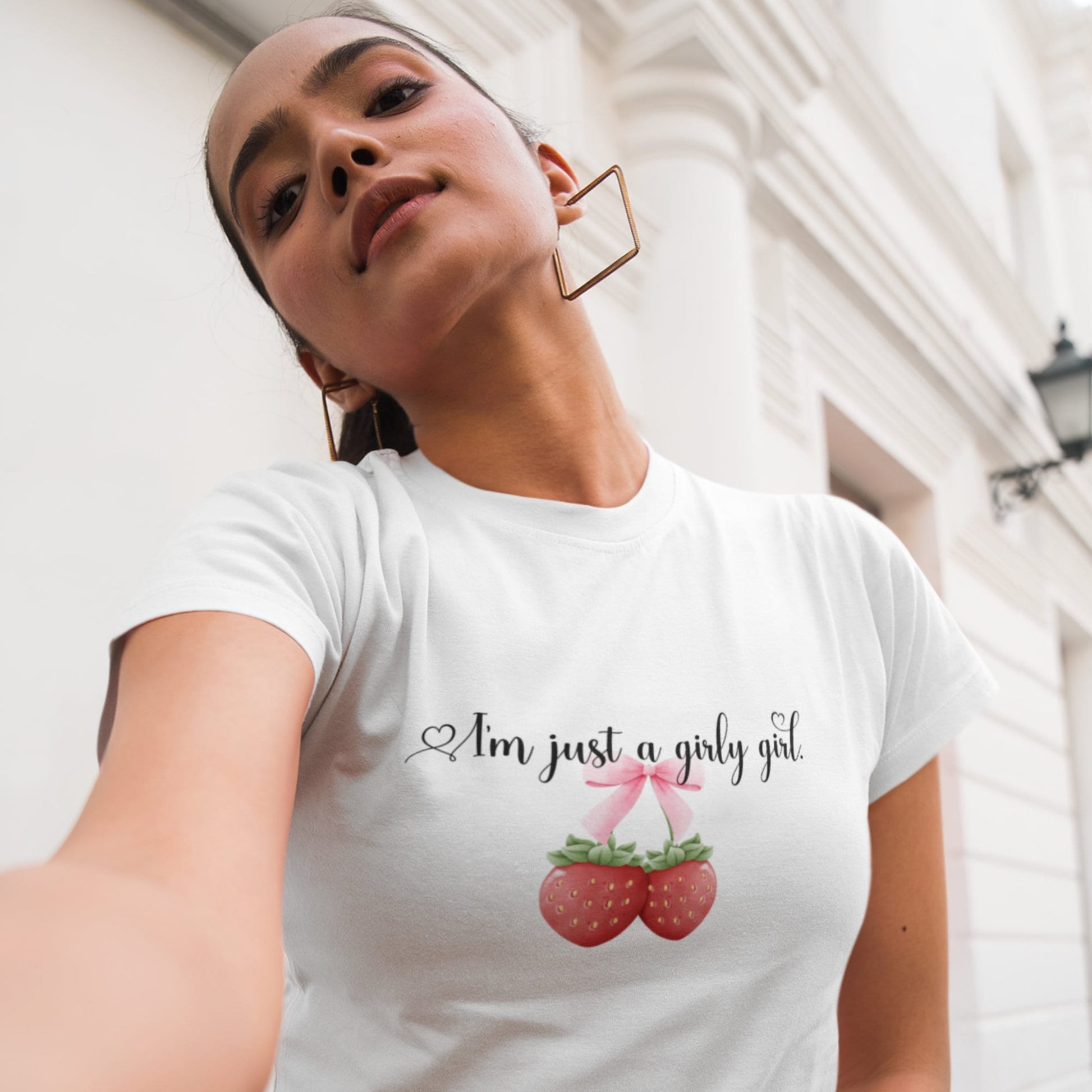 Coquette Y2K Baby Tee, I'm just a girly girl, bow with strawberries, trendy preppy baby shirt, coquette aesthetic crop - SBS T Shop