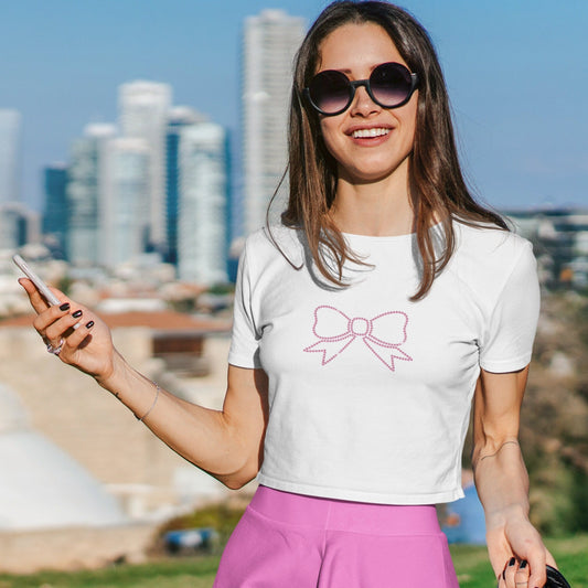 Coquette Y2K Pink Bow Baby Tee, pink rhinestone bow, trendy preppy baby shirt, coquette aesthetic crop, cottagecore aesthetic - SBS T Shop