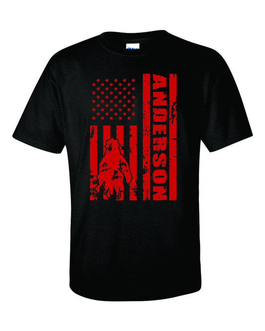 Distressed American Red Line Flag Firefighter T Shirt with Custom Name - SBS T Shop