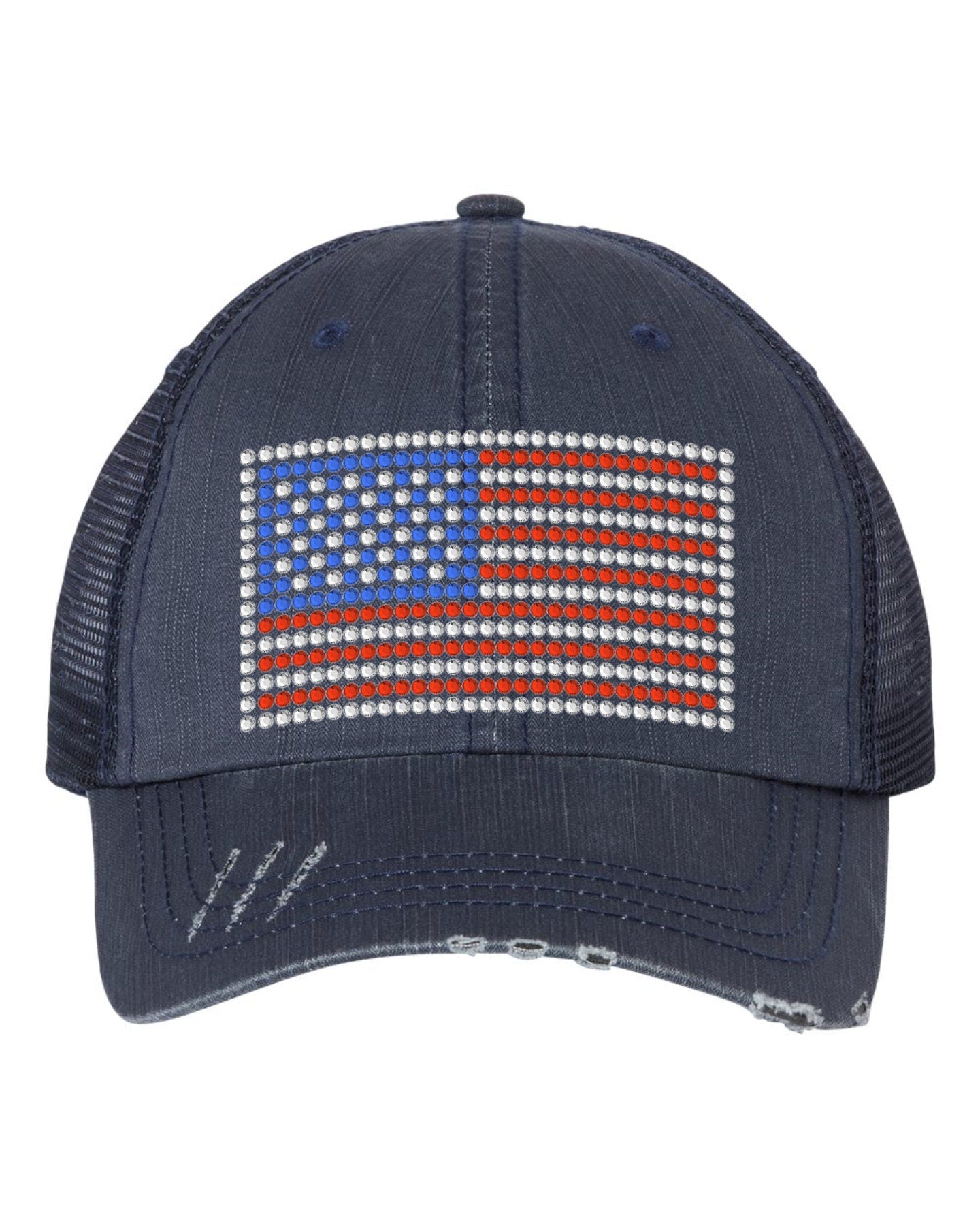 Distressed Denim Ball Cap with Bling Rhinestone American Flag, Patriotic Mesh Back Hat Rhinestone USA Flag, Trucker Hat, Gift for July 4th - SBS T Shop